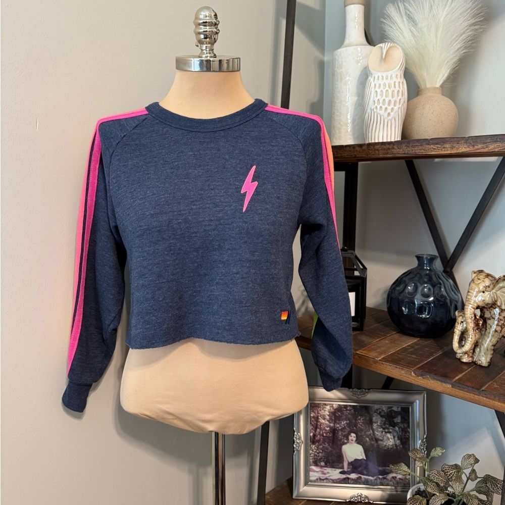 Aviator Nation Bolt Embroidery Classic Cropped Crew Sweatshirt Heather Navy Neon - Picture 3 of 12